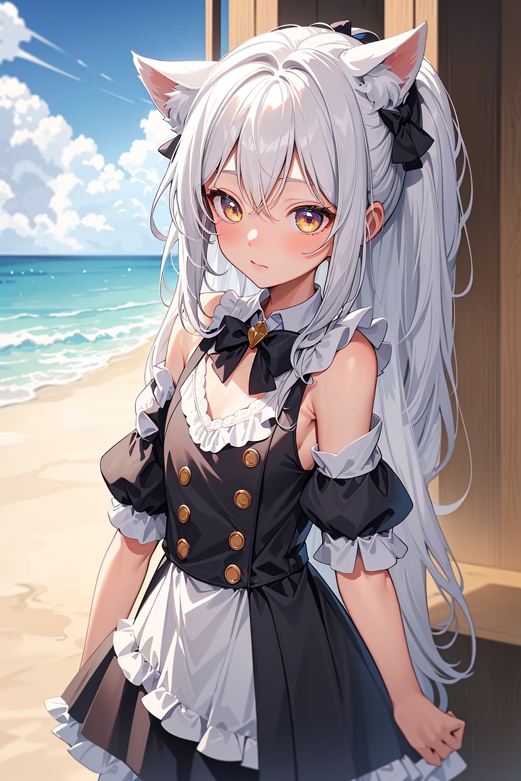 Best quality, perfect lighting, Blue sky white clouds,Outdoor, Blush,double ponytail, extra ears, cat ears , bare shoulders,In a maid costume, Gradual pupil appears intense,A small tuft of gray white hair on the head,a yellow bow tied to the chest, and a brooch symbolizing a witch.(loli:1.7), <lora:YG萌萌哒兽耳娘:0.75>,