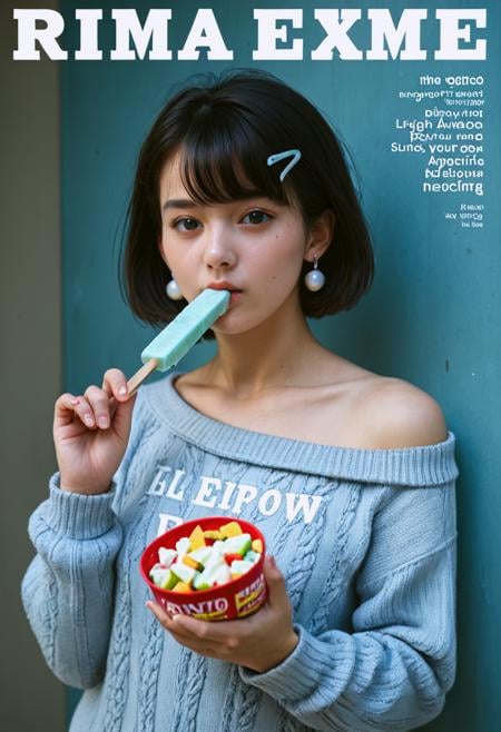 score_9,score_8_up,score_7_up,score_6_up BREAK source_real,raw,photo,realistic BREAK 1girl,solo,looking at viewer,short hair,bangs,black hair,hair ornament,jewelry,upper body,earrings,food,hairclip,off shoulder,mole,sweater,english text,mole under eye,blue background,mouth hold,cover,popsicle,retro artstyle,food in mouth,off-shoulder sweater,album cover,magazine cover,fake cover,