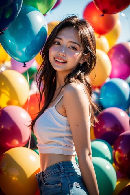 A 28-year-old girl,surrounded by a backdrop of colorful balloons,joyful and celebratory atmosphere,vibrant and diverse colors,dynamic pose,sunny day,cheerful and lively mood,best quality,masterpiece,illustration,an extremely delicate and beautiful,CG,unity,8k wallpaper,Amazing,finely detail,masterpiece,official art,extremely detailed CG unity 8k wallpaper,incredibly absurdres,huge filesize,ultra-detailed,highres,extremely detailed,beautiful detailed girl,realistic,light contrast,<lora:Colorful Balloons_20240314122920:0.8>,