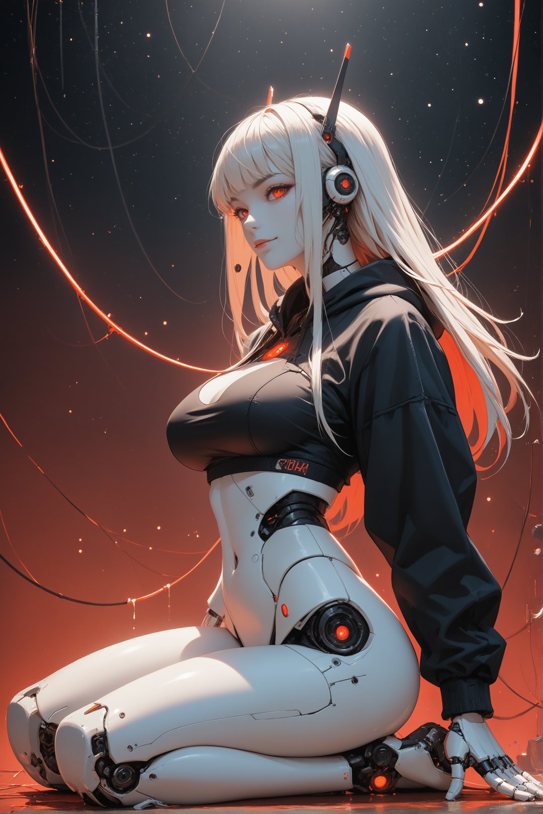 score_9, score_8_up, score_7_up,  robot girl, (robot joints, intervention unit, very complex robot, glowing chest:1.2), side view, full body, mechanical toes, solo, white long hair, large breasts, bangs, arched back, dark eyes, too tight burgundy hoodie, provocative, cosmic background, cables and wires everywhere, smirk, red theme,