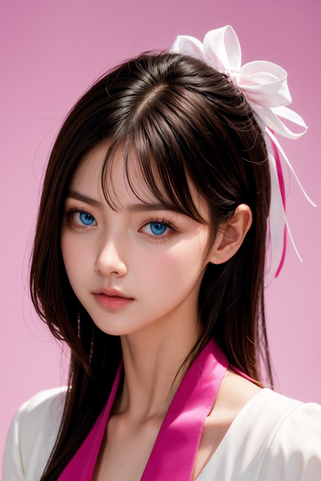 <lora:AgainEyes:0.5>,1girl,black hair,portrait,white dress,blue eyes,shining eyes,(pink simple background:1.25),