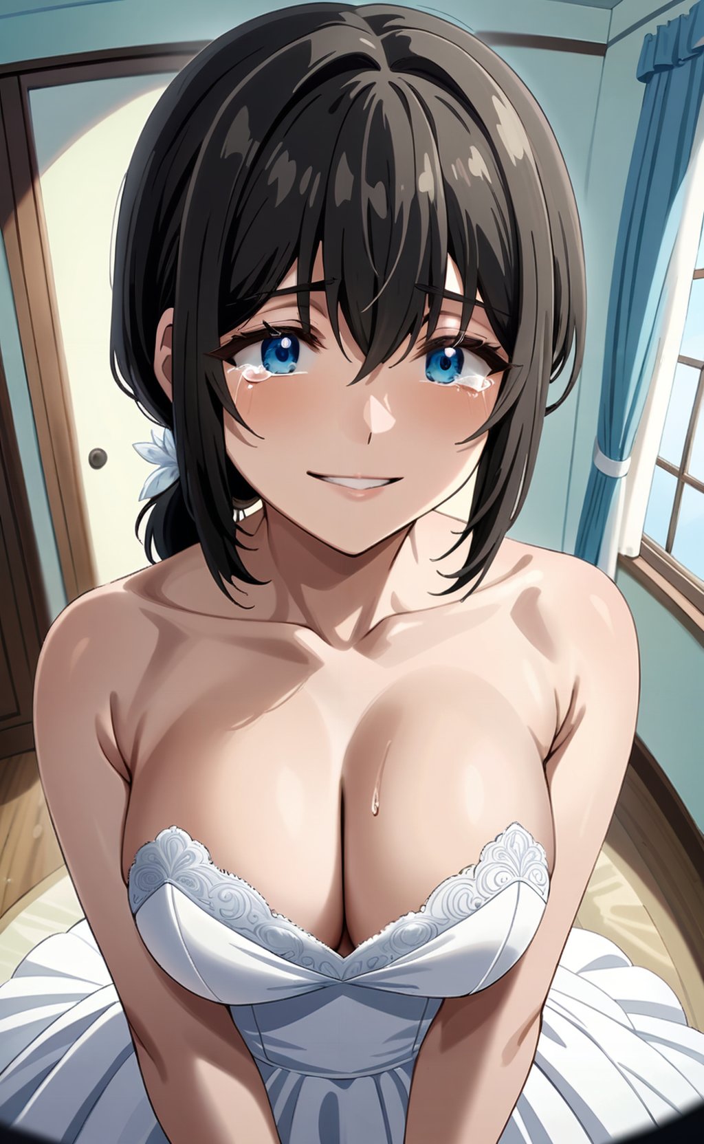 (masterpiece), (best quality), newest, (intricate details, very aesthetic), good hands  1girl, <lora:saitou_ine:1> ine_wz, black hair, blue eyes, short hair, low ponytail, breasts, wedding dress, wedding ring, room, smile, tears,  fisheye view, cleavage, strapless dress, <lora:sd_xl_dpo_lora_v1:1>