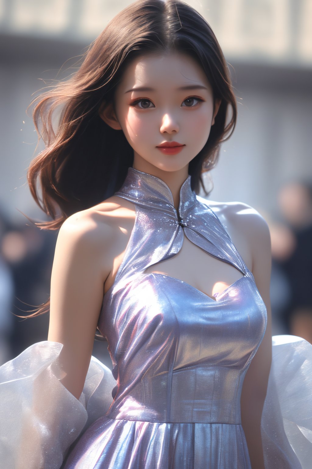 caihong,1girl,solo,dress,upper body,looking at viewer,breasts,blurry background,bare shoulders,<lora:caihong1.5:0.8>,