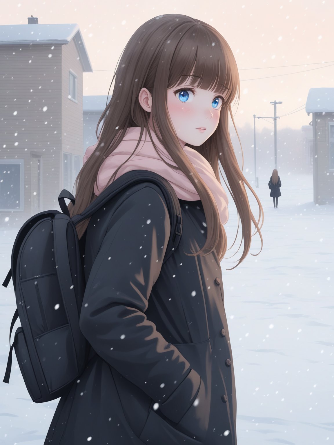 Girl, long straight brown hair with bangs, blue eyes, looks at the viewer, blush, dressed in a black coat, wears a black backpack on her back, flowing hair, wind, stands outside in the snow, snow, winter, snow is falling, blizzard, hands in pockets, it's light outside, no sun, cloudy, pastel colors, in detail