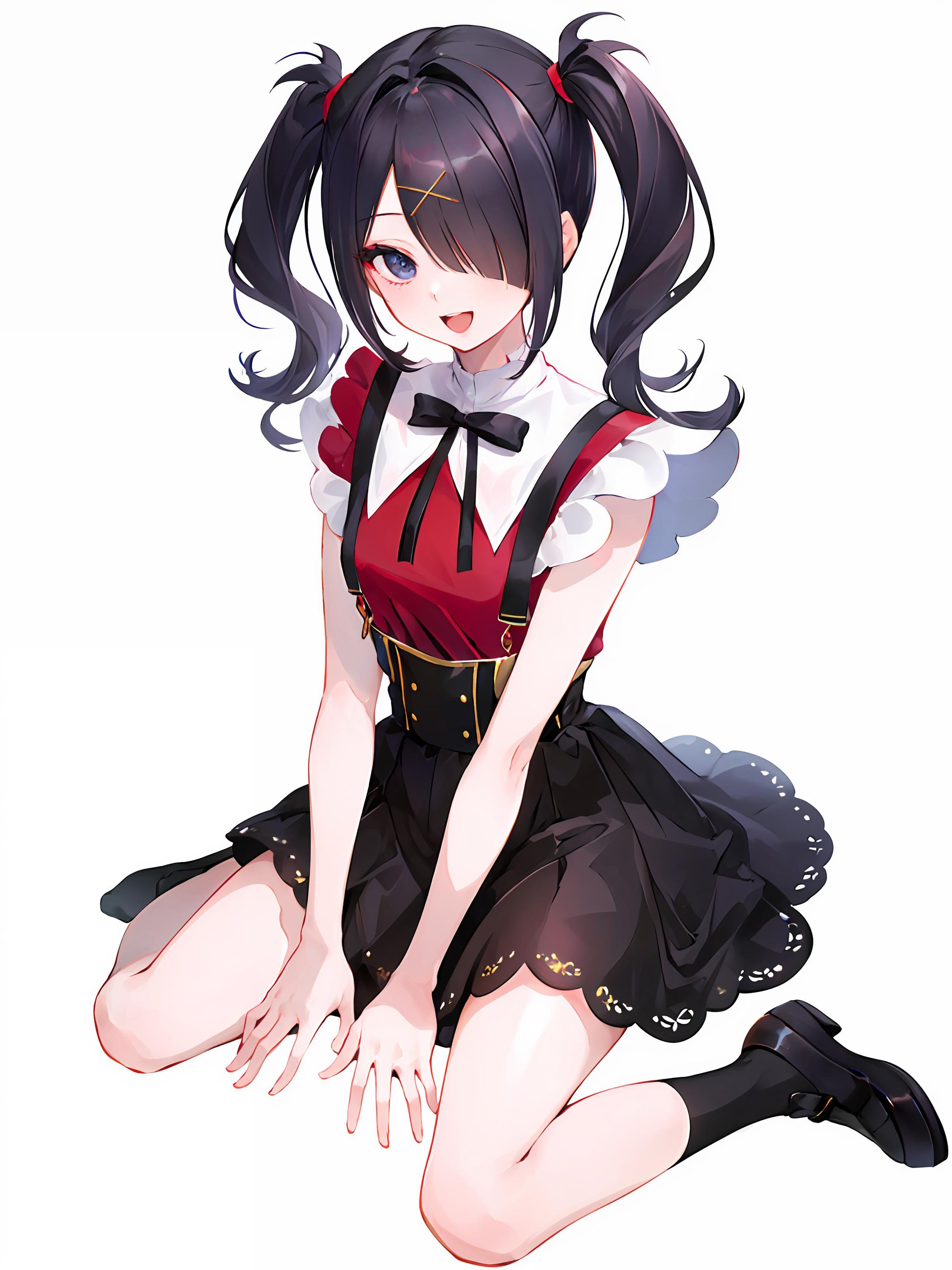 ((masterpiece,best quality)), 1girl, amechan, hair over one eye, black socks, smile, open mouth, wariza, simple background,