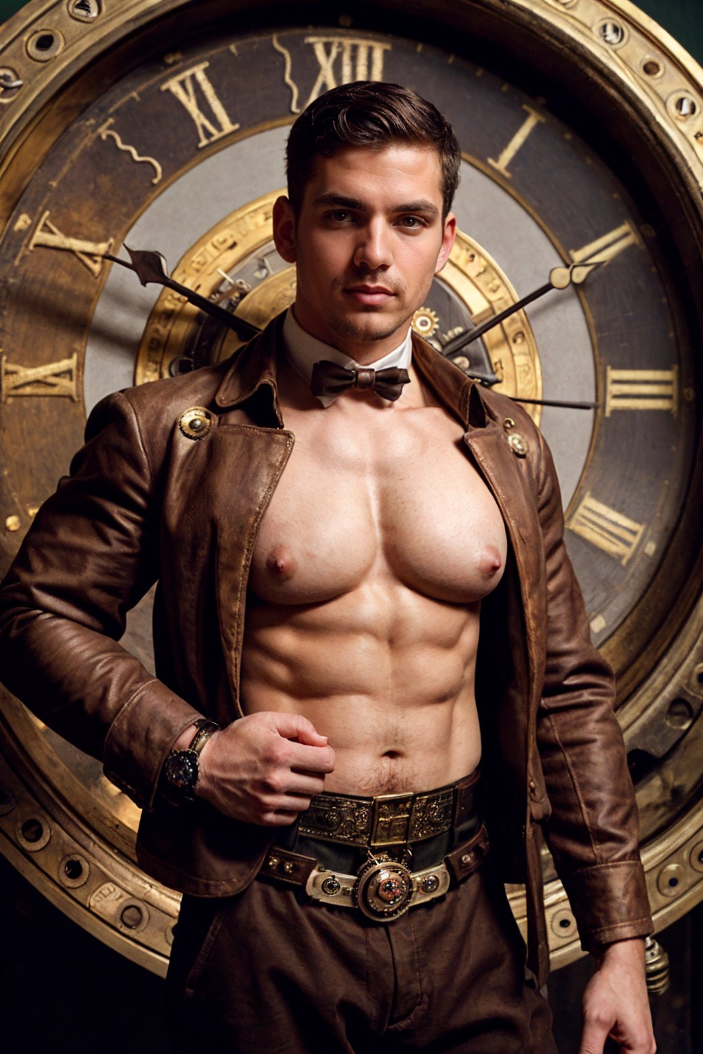 gentleman wearing steampunk ((clockwork clothes)), with a large Roman numeral Western clock, holding a mechanical pocket watch in his left hand, vivid colors, soft lighting, subtle shadows, antique texture, realistic, highly detailed, realistic eyes, intricate details, detailed background, depth of field, (muscular), (large pectorals), (puffy nipples)