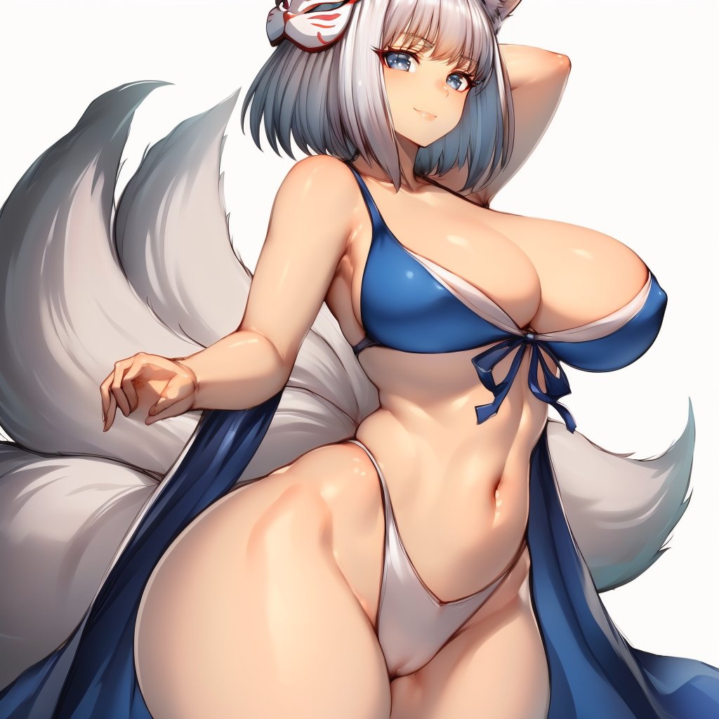 (masterpiece, best quality:1.3), Fumio, 1girl, solo, looking at viewer, wide hips, mature female, closed mouth, simple background, seductive smile, large breasts, cowboy shot, thick thighs,  <lora:Fumio Style Lora:1>, kaga(everlasting killing stone), white hair, blue eyes, fox ears, mask on head, fox mask, tail, fox girl <lora:kaga_everlasting_killing_stone:.8>