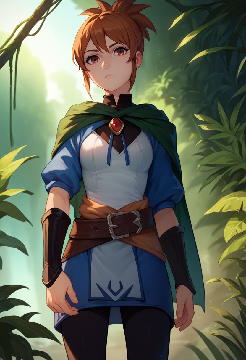 score_9, score_8_up, score_7_up, source_anime, solo, 1girl, marci, expressionless, looking at viewer, standing, ponytail, jacket, brooch, green cape, vambraces, black leggings, belt, outdoors, jungle <lora:dota2_marci_ponyXL:1>