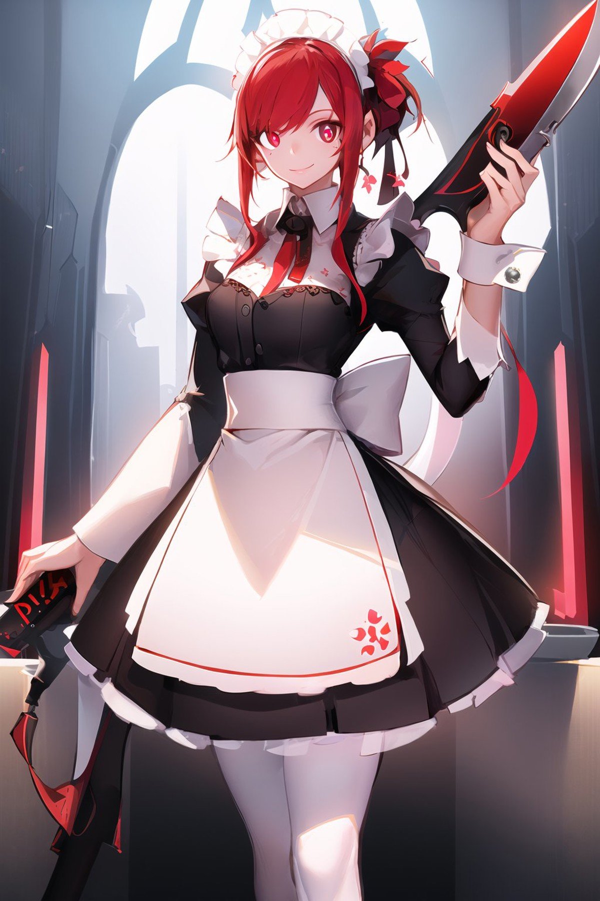 (masterpiece, best quality:1.2), <lora:style_panamaman-20:1>, (thick outlines, cinematic lighting:1.2), solo, 1girl, maid, facial mark, smile, looking at viewer, (holding weapon:1.2), gradient hair, red hair, maid headdress, red eyes, glowing eyes, bright pupils, juliet sleeves, white pantyhose, mansion interior