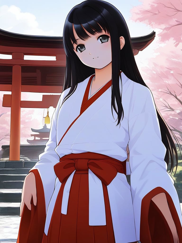 score_9, score_8_up, score_7_up, source_anime, rating_explicit, BREAK  <lora:Tsutsumi_Kinuka_Ver2.0_XL:1>  TsutsumiKinuka,  bangs,  long hair, black hair, black eyes,japanese white clothes, miko, red hakama, shrine, cherry blossom,day, sky, looking at viewer, cowboy Shot,