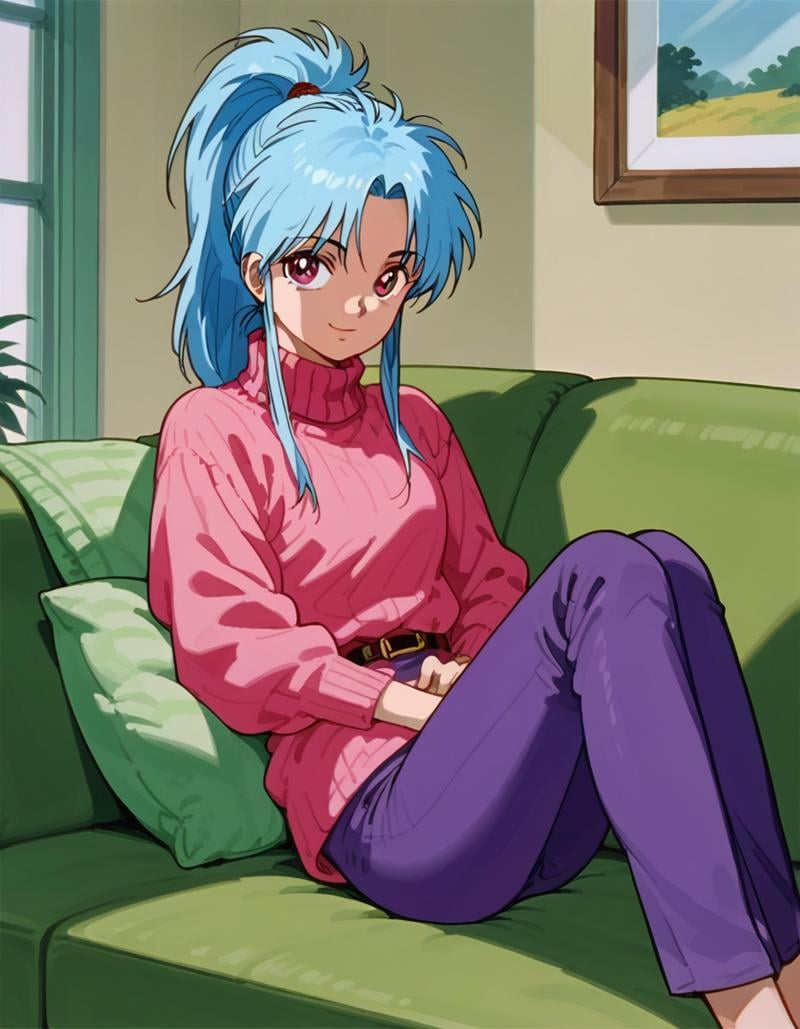 score_9, score_8_up, score_7_up, 1girl, solo, <lora:Botan PDXL:0.8>, botan, ponytail, blue hair, parted bangs, pink eyes, turtleneck sweater, pink sweater, belt, purple pants, pants, indoors, sitting, on couch, seductive smile, 