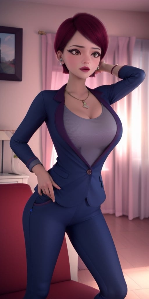 Hyperrealistic, photorealistic, super detailed, perfect face, (strict dark blue jacket), (strict dark blue trousers), short hair with a gradient of strong raspberry to moderate rose color, expressive moderate red eyes, raspberry colored lipstick, body like in real life, large pores, slender, medium height, pale skin, beautiful arms, beautiful legs, unreal engine, octane render, droped shadow, bokeh, cinematic lighting, <lora:add_detail:0.5>, <lora:Volumetric_lighting:0.6>, raspberry colored lipstick, moderate red eyes, short hair with a gradient of strong raspberry to moderate rose color, Chamack, Nadja, , <lora:a9a766c8-d663-4fd8-8723-45c5a2f45a0b:0.7>