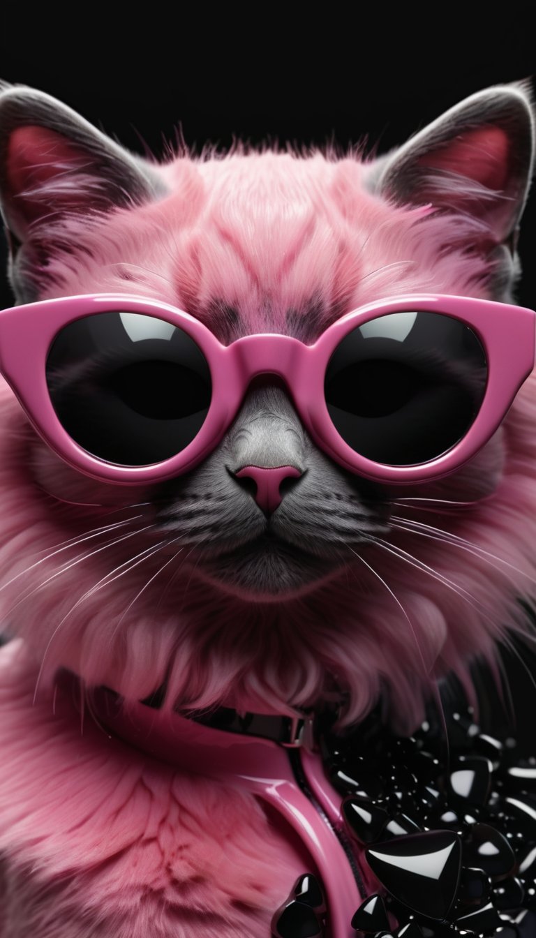 (best quality, 8K, high resolution, masterpiece),ultra detailed,(3D CGI),a beautiful pair of sunglasses,trendy,fashionable,pink,silver and black stylized Cat-eye shape,on a black background,countryside advertising,winning photo,cat,