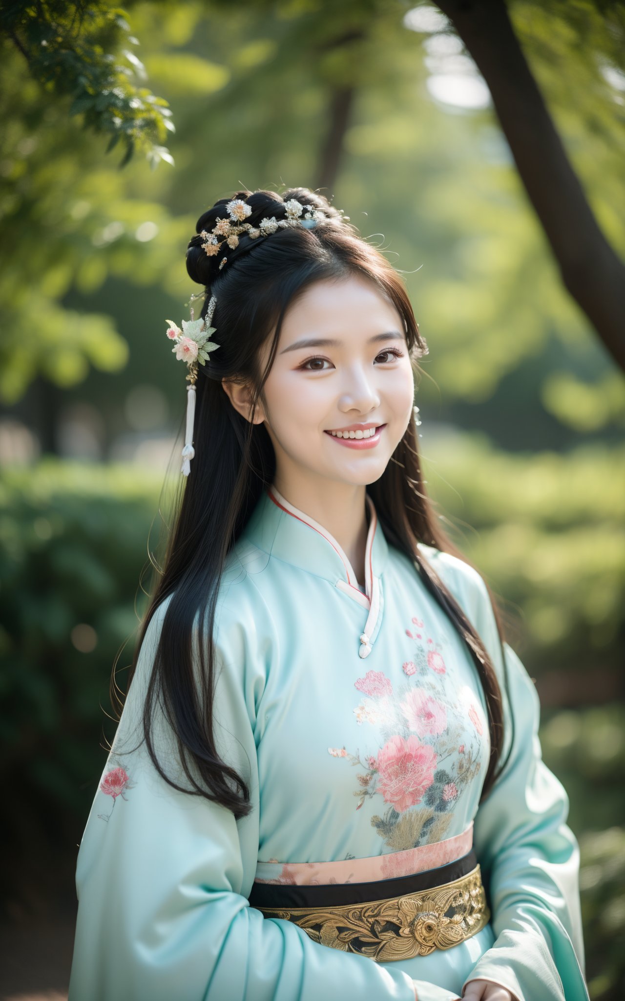 chinese_clothes,hanfu,a girl smiling at the camera with trees in the background,solo,outdoors,tree,day,smile,long hair,looking at viewer,long sleeves,flower,teeth,upper body,dress,black hair,hair ornament,