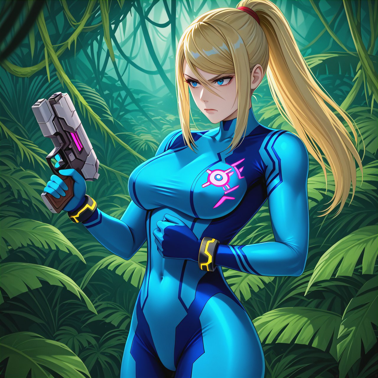 Samus from Metroid, (facial features visible, determined expression), (blonde hair slightly tousled), (blue power suit), holding a (futuristic pistol) in a (vibrant, dangerous alien jungle), (lush foliage, exotic plants, eerie lighting), (highly detailed, dramatic atmosphere), (adrenaline-fueled ambiance), (4K resolution).