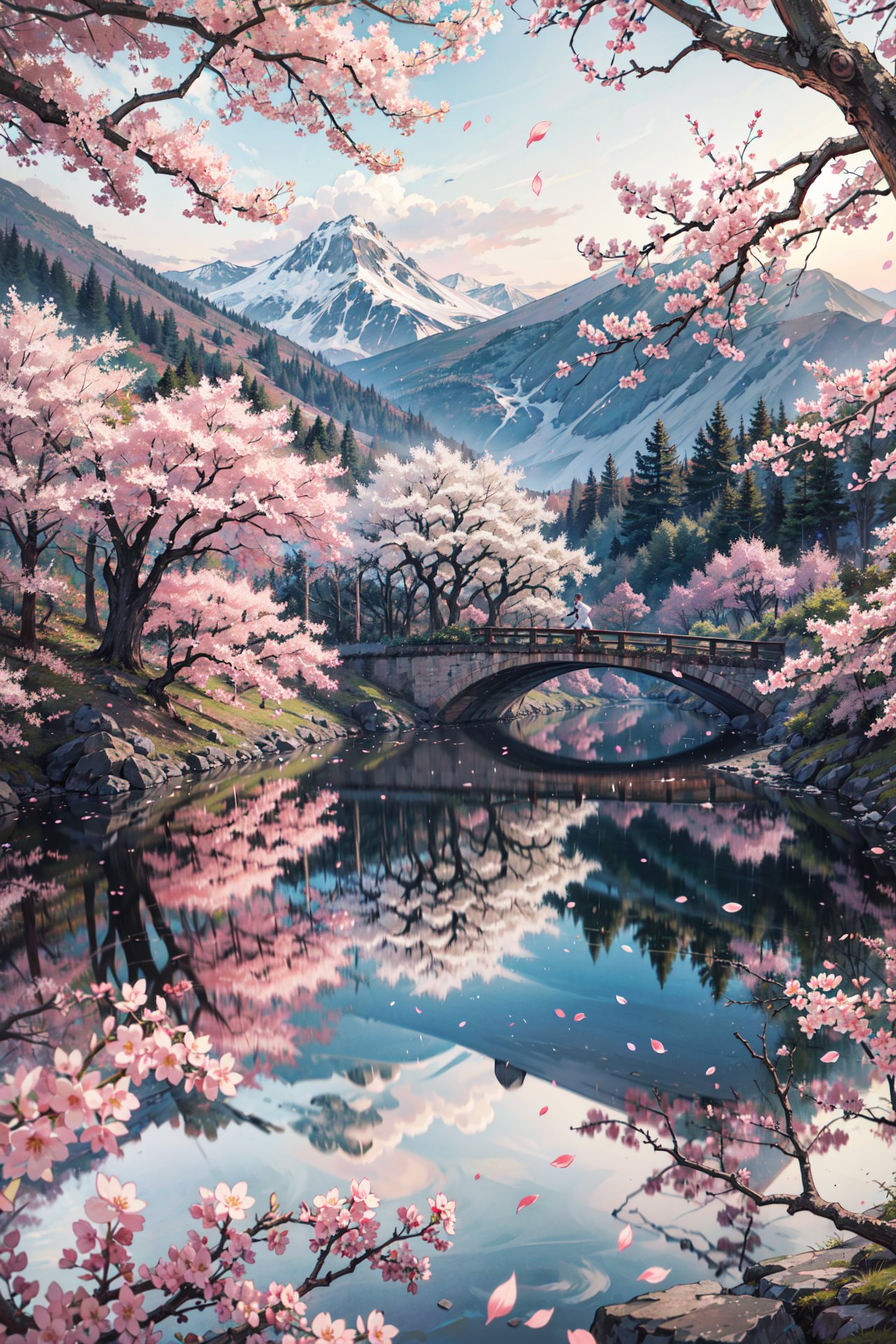 ((best quality, masterpiece, absurbres, super-resolution)) Aesthetic Angle, Beautiful Scenery, (Sakurafubuki:1.3), Cherry Blossom Viewing, Sakura petals in the wind, Windy, Relaxing