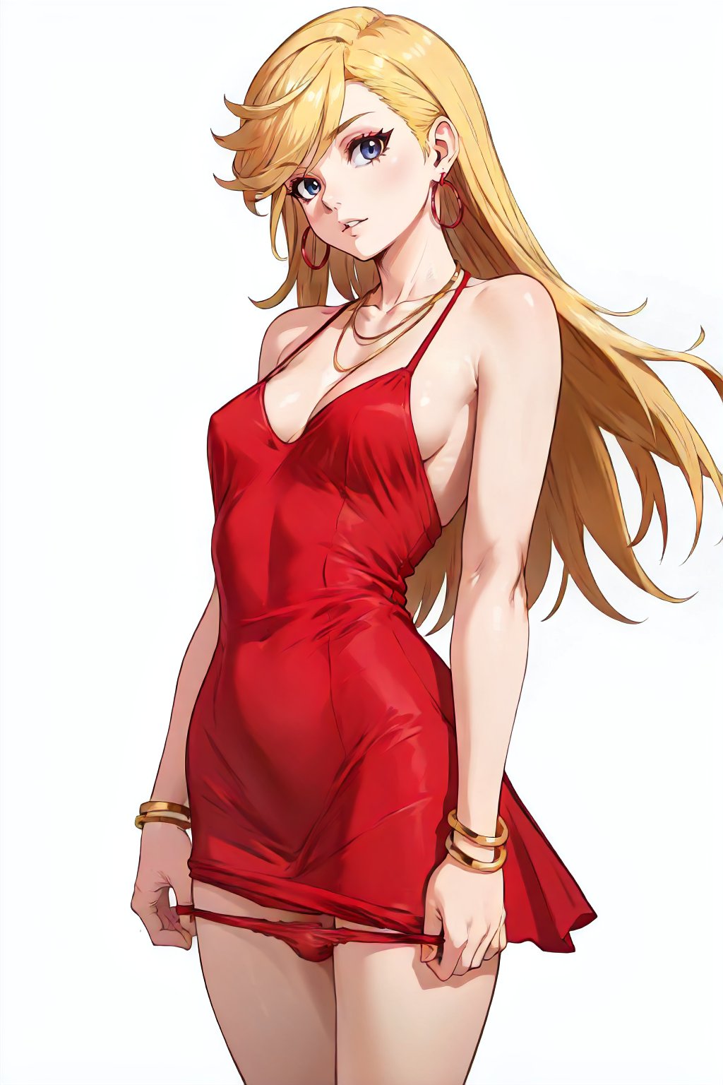 <lora:PSG_Panty-DEF:0.7> anarchypanty, solo, blonde, long hair, red dress, earrings, bracelets, necklace, panty pull, cowboy shot, white background  <lora:Panties_Pull-DEF:0.6>, perfect, sharp, masterpiece, detailed, high resolution, best quality,