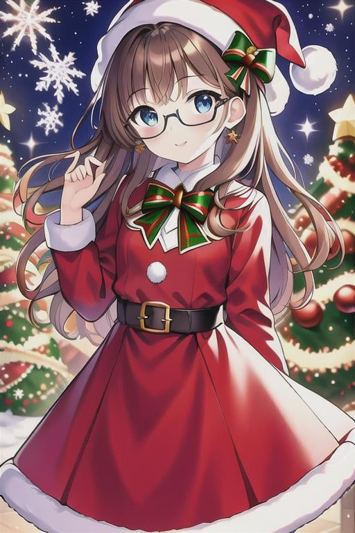 (masterpiece:1.2), best quality, masterpiece, highres, original,perfect light, 4k,8k,1girl, antlers, aurora, bell, belt, blue eyes, bobblehat, bow, candy cane, christmas, christmas lights, christmas ornaments, christmas tree, deer ears, earrings, fake antlers, fake facial hair, fake mustache, fireplace, fireworks, fur-trimmed capelet, fur-trimmed dress, fur-trimmed headwear, fur-trimmed skirt, fur-trimmed sleeves, fur trim, gift, gift bag, gift box, glasses, green bow, hat, holding sack, holly, jewelry, long hair, long sleeves, looking at viewer, merry christmas, night, night sky, ornament, pine tree, pom pom \(clothes\), red bow, red capelet, red dress, red headwear, red jacket, reindeer, reindeer antlers, reindeer costume, sack, santa bikini, santa boots, santa costume, santa dress, santa gloves, santa hat, shooting star, sky, smile, snow, snowing, solo, star \(sky\), star \(symbol\), star earrings, starry sky, wreath, <lora:christmas:0.7>