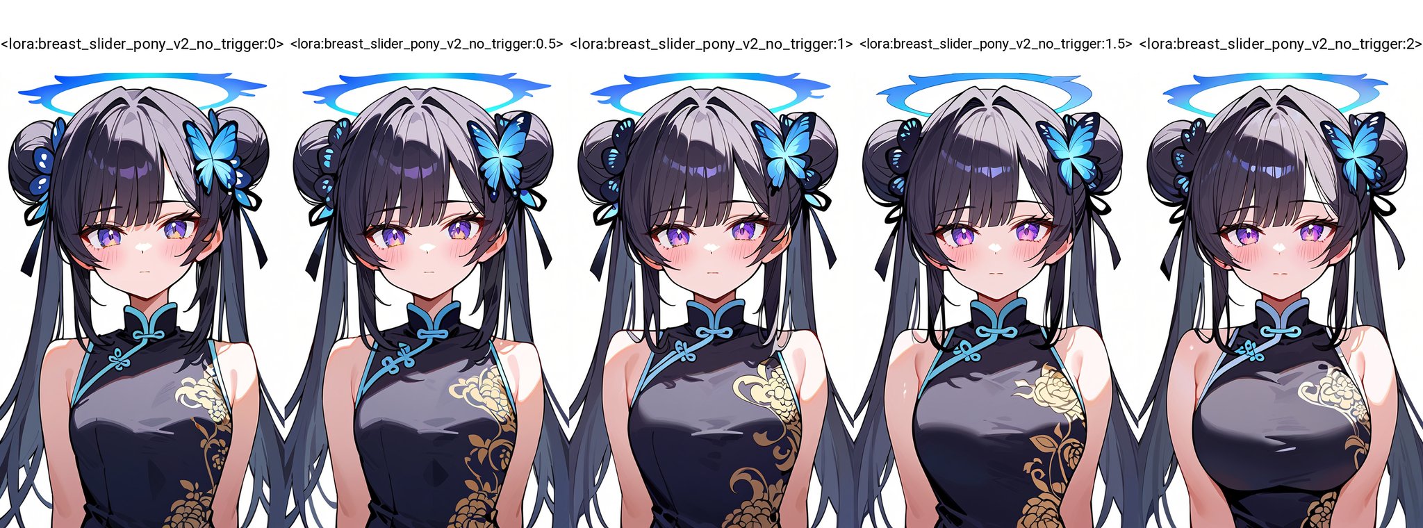 score_9,score_8_up,score_7_up, 1girl,long hair,looking at viewer,blush,bangs,simple background,black hair,hair ornament,white background,dress,bare shoulders,twintails,closed mouth,upper body,sleeveless,hair bun,black dress,double bun,sleeveless dress,halo,chinese clothes,china dress,butterfly hair ornament <lora:breast_slider_pony_v2_no_trigger:0>