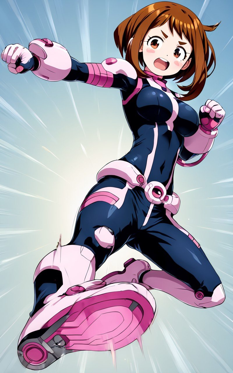 <lora:_sdxl-jumpinkick-pony:0.8> jumpinkick, florting hair, speed lines, motion blur, battlesuit  <lora:sdxl-mha-ochako-pony:0.8> uraraka ochako, ochacos