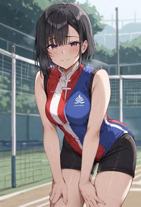 (by mdf_an:0.8),(by jack_dempa:0.7),(by alp:0.9),score_9,score_8_up,1girl,black hair,purple eyes,shiwahime_yuika,smile,medium breasts,cowboy shot,badminton wear,sportswear,black shorts,hands on knees,sweat,look at viewer,blush,leaning forward,outdoors,street<lora:shiwahime_yuika-000008:0.8> 