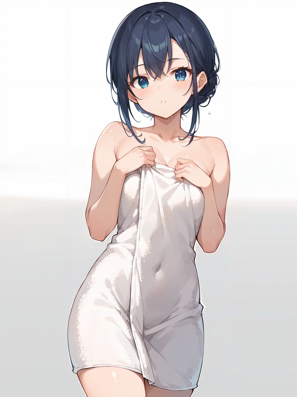 score_9, score_8_up, score_7_up,source_anime, high res image,masterpiece,best quality,girl,cute face,clear skin,shiny hair,ultra detailed eyes,simple background, <lora:naked towel_pony_V1.0:1.2> naked towel, towel