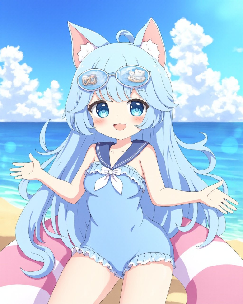 <lora:flux-ty:1.8>,Artist_tyomimas,loli,1girl,Artist Tyomimas, Loli, a virtual character with blue eyes and hair, wearing a sailor collar in blue, resembling tyomimas, an indie virtual youtuber. the character is depicted in a beach setting with a cat-shaped eyewear, a hair ornament, and a hairclip. she has long hair with a tail and very long hair, and she's wearing a swimsuit with a smile on her face. the background shows a beautiful ocean and sky, indicating an outdoor setting. the character seems to be in a relaxed state, possibly engaging in a leisure activity like swimming with a smile and a swim ring. the tag 'commission' suggests that this artwork might be a custom request for a fan or collector. the 'variant_set' and 'x_hair_ornament' tags imply there might be variations or different versions of this character design. overall, this character embodies a cute, playful, and whimsical persona, typical of virtual youtubers.