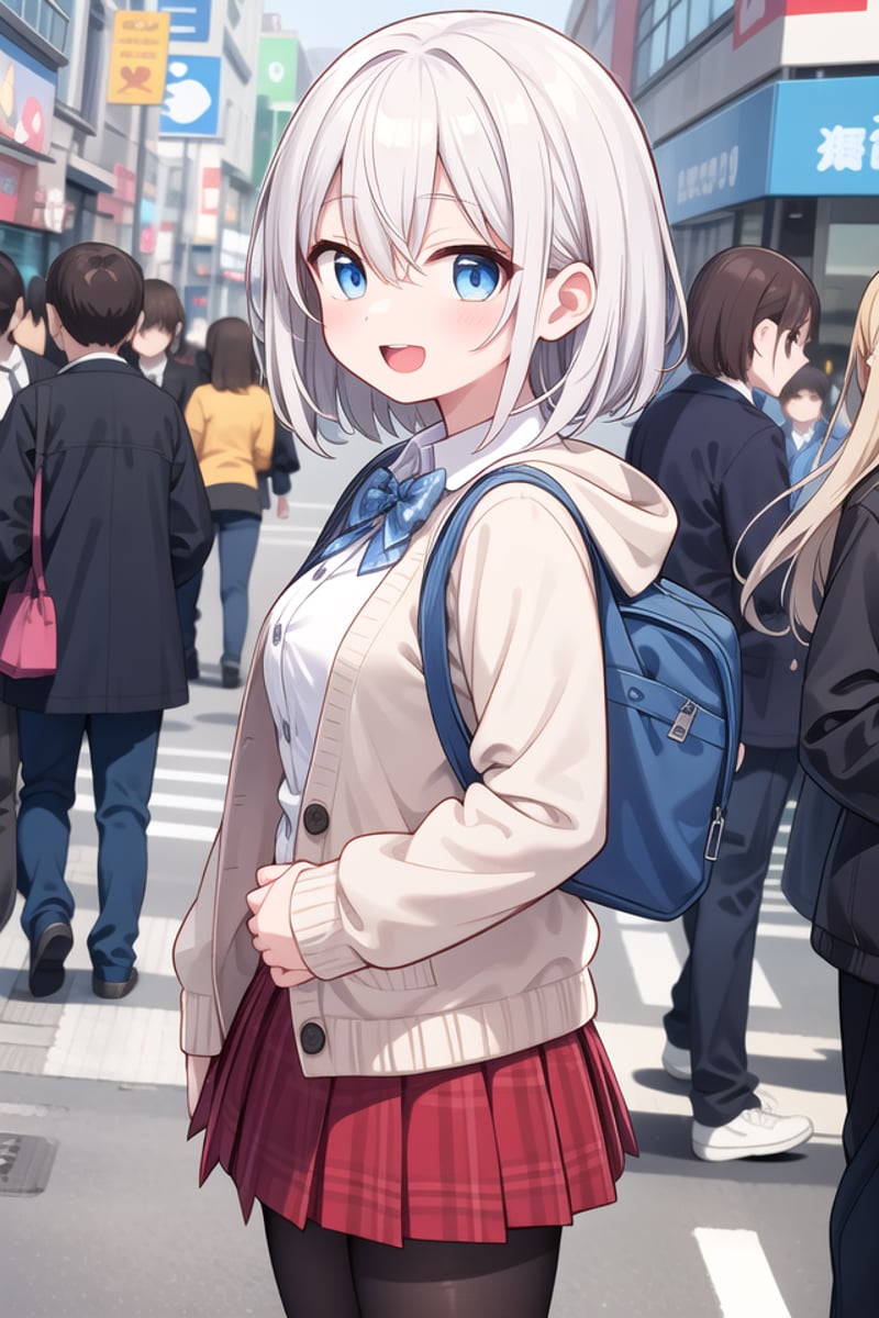 insanely detailed, absurdres, ultra-highres, ultra-detailed, best quality,1girl, solo, nice hands, perfect handsBREAK(School Uniforms:1.2), (pink cardigan is fit body:1.4), ((do up a buttons, not loose):1.5), ((long sleeve, sleeves past wrists):1.2), (inner wear is white collared-shirt:1.3), (red plaid-pattern bow:1.3), (red plaid-pattern pleated skirt:1.3), ((dark-brown pantyhose, loafers):1.2)BREAK(nsfw:-1.5)BREAKhappy smile, laugh, open mouthBREAKfrom side,standing, cowboy shot, looking at viewerBREAKslender, kawaii, perfect symmetrical face, ultra cute girl, ultra cute face, ultra detailed eyes, ultra detailed hair, ultra cute, ultra beautifulBREAKshibuya, akihabara, tokyo, street, crowd, cityscape, depth of field, ultra detailed backgroundBREAKmedium breastsBREAKgrey hair, blue eyes, bob with bangs, hair between eyes