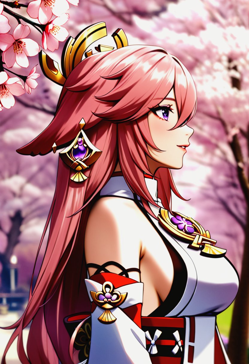 1girl,yae_miko(genshin_impact),cherry_blossoms,detached_sleeves,from_side,hair_between_eyes,halter_shirt,halterneck,long_hair,looking_up,photo_(medium),pink_hair,purple_eyes,shirt,solo,tree,upper_body,very_long_hair,white_shirt,<lora:yae-miko-genshin-xl:1>,