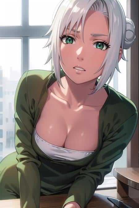 mabui, <lora:mabui-lora-nochekaiser:1>, mabui, short hair, (green eyes:1.5), white hair, dark skin, hair bun, dark-skinned female,BREAK long sleeves, cleavage, fishnets, skirt, long skirt, dress, green dress, green skirt,BREAK cowboy shot, looking at viewer, BREAK indoors,BREAK <lyco:GoodHands-beta2:1>, (masterpiece:1.2), best quality, high resolution, unity 8k wallpaper, (illustration:0.8), (beautiful detailed eyes:1.6), extremely detailed face, perfect lighting, extremely detailed CG, (perfect hands, perfect anatomy),