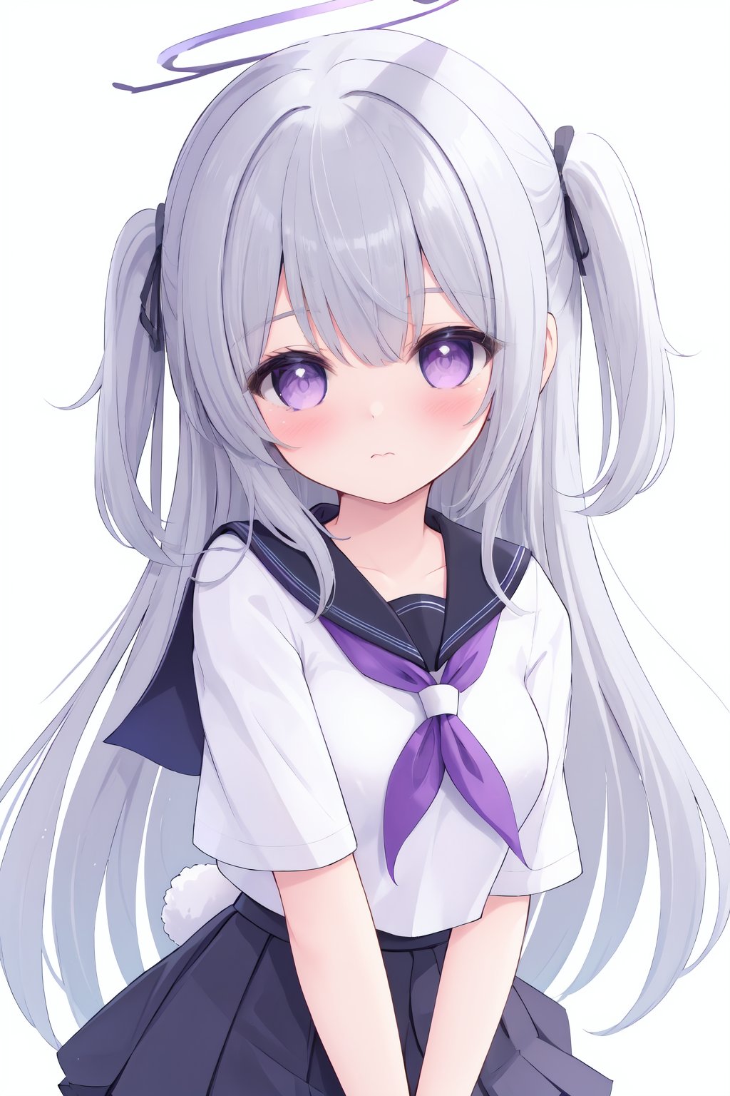 1girl, halo, animal ears, white background, solo, school uniform, simple background, long hair, rabbit ears, looking at viewer, one side up, skirt, grey hair, blush, fake animal ears, serafuku, neckerchief, blue serafuku, purple eyes