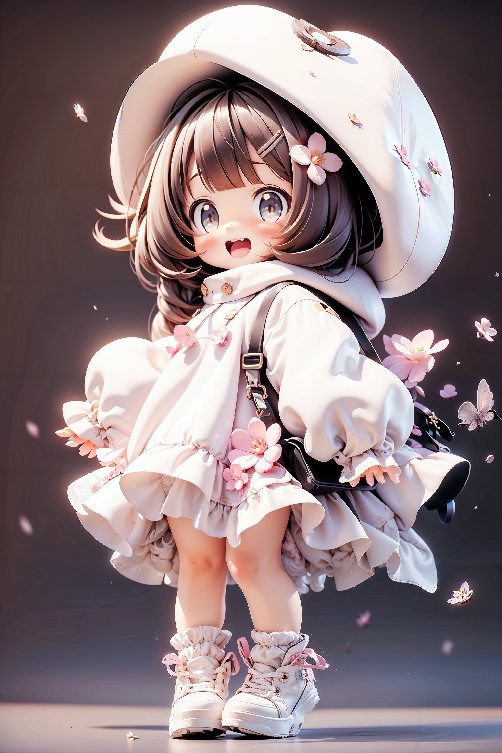 NJIP, 1girl, dress, hat, bag, white dress, hair flower, flower, hair ornament, puffy long sleeves, white headwear, long sleeves, blush, open mouth, looking at viewer, full body, solo, smile, bangs, socks