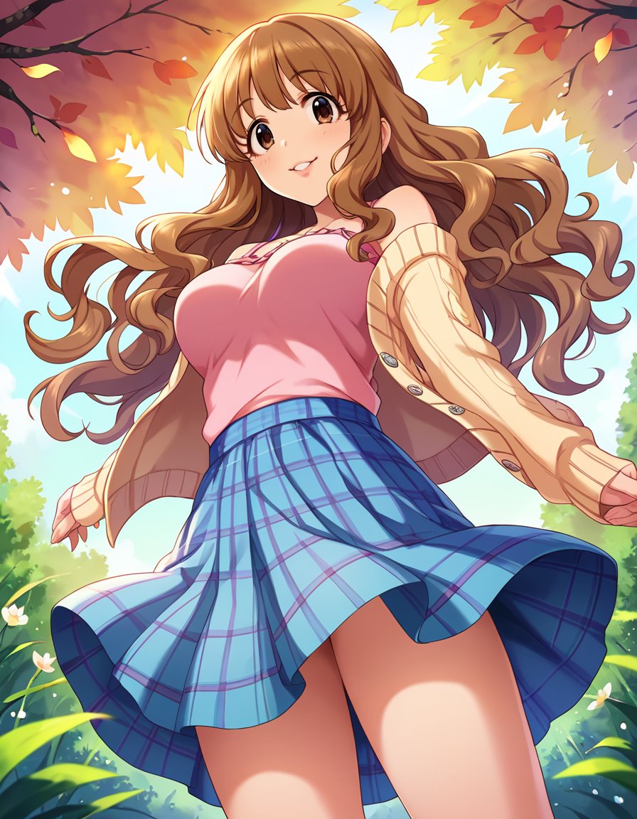 score_9, score_8_up, score_7_up, source_anime,1girl, solo, dating, joyful, smile, parted lips, looking at viewer, taller than vewer, outdoors, sunbeam, blue sky, nature, plant, wind, <lora:MoroboshiKirari_pony_v1:0.9>mrbskrr, tall female, long hair, brown hair, wavy hair, brown eyes, medium breasts,  perky breasts,casal wear, pink shirt, bare shoulders, cardigan, plaid skirt, blue skirt,thighs, 