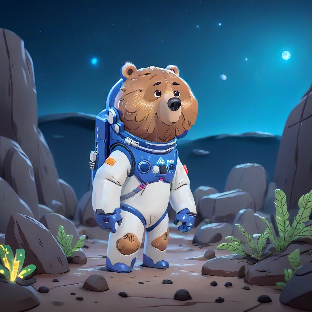 a bear wearing a spacesuit in a rocky landscape, deep space, bioluminescent plants, night, micro, depth of field, cinematic, color grading <lora:RealisticCartoon_0.2:1> 