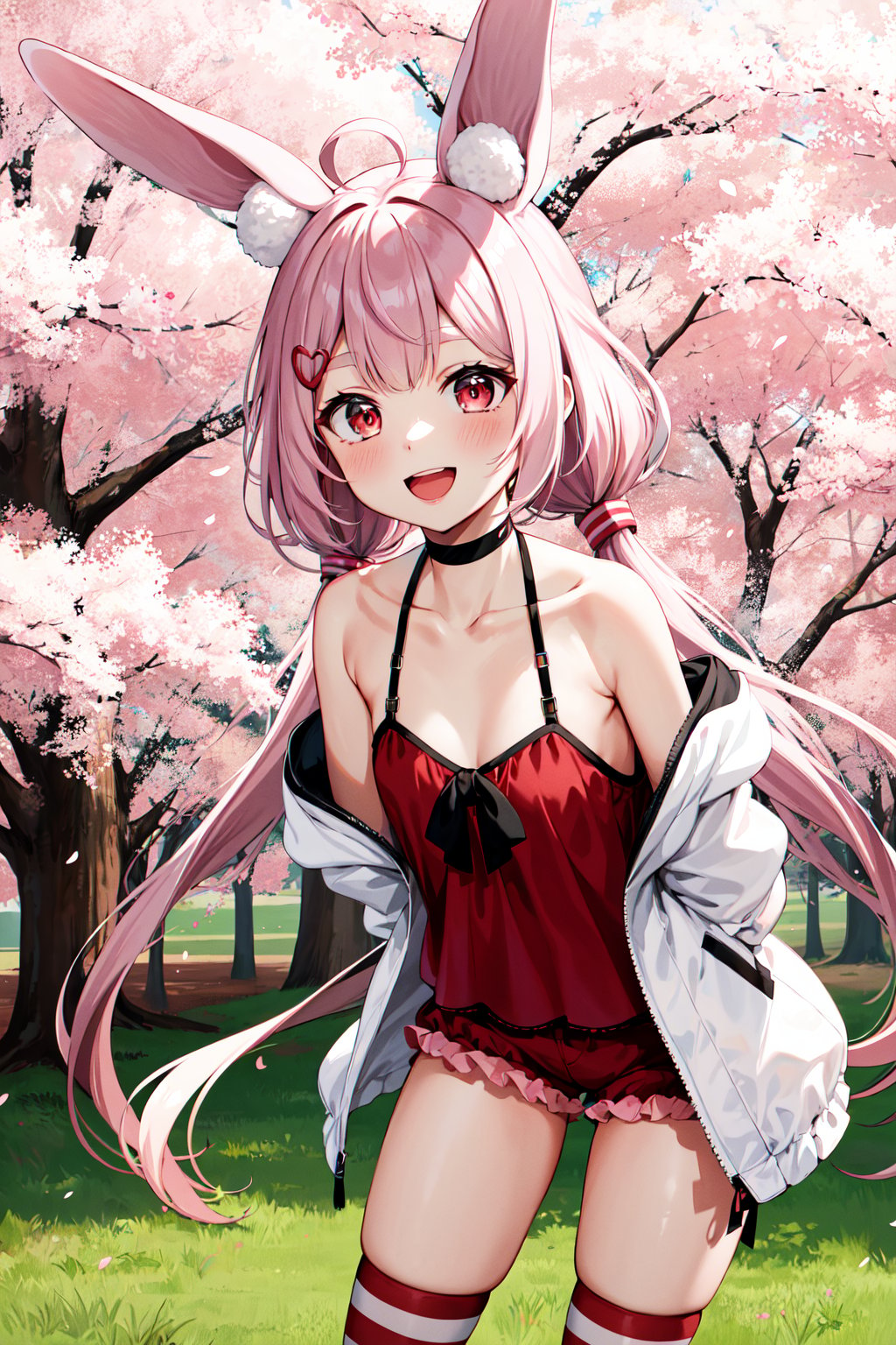 masterpiece, best quality, highres, bbtomari, long hair, low twintails, ahoge, rabbit ears, animal ear fluff, hairclip, choker, camisole, off shoulder, white jacket, red shorts, striped thighhighs, <lora:tomari_mari_v1:0.7>, outdoors, standing, cowboy shot, smile, open mouth, arms behind back, cherry blossoms, leaning forward, 