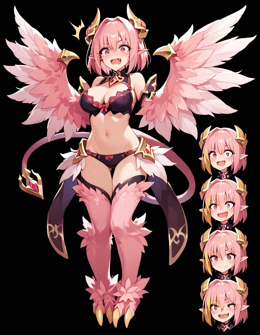 (Score_9, score_8_up, score_7_up), (masterpiece), best quality, expressive pink eyes, perfect face, monster girl, reference sheet, jubjub, BREAK, fluffy, 1girl, wings, winged arms, feathered wings, pink feathers, pink hair, yellow highlights, large breasts, talon feet, thighhigh fur, prehensile wings, mouth open, drooling, saliva strands, happy, surprised, annoyed, aroused, crying, standing, panties, bra, pointy ears, reduced outlines, expressions, high variety, <lora:948f36f2-102f-4f57-ba44-2b4859034f0e:1.0>