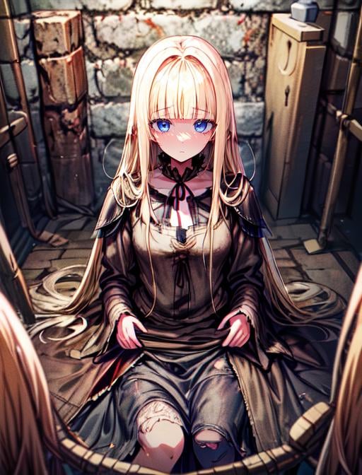 best quality, masterpiece, highres, detailed, digital illustration, <lora:Detail - add_detail:0.2>, PrincessMia20, blue eyes, blonde hair, blunt bangs, long hair, white dress,  expressionless, dungeon, <lora:Character - PrincessMia20:0.8>, medieval, rags, expressionless, dark, ragclothing, <lyco:Change - Rags:0.8>