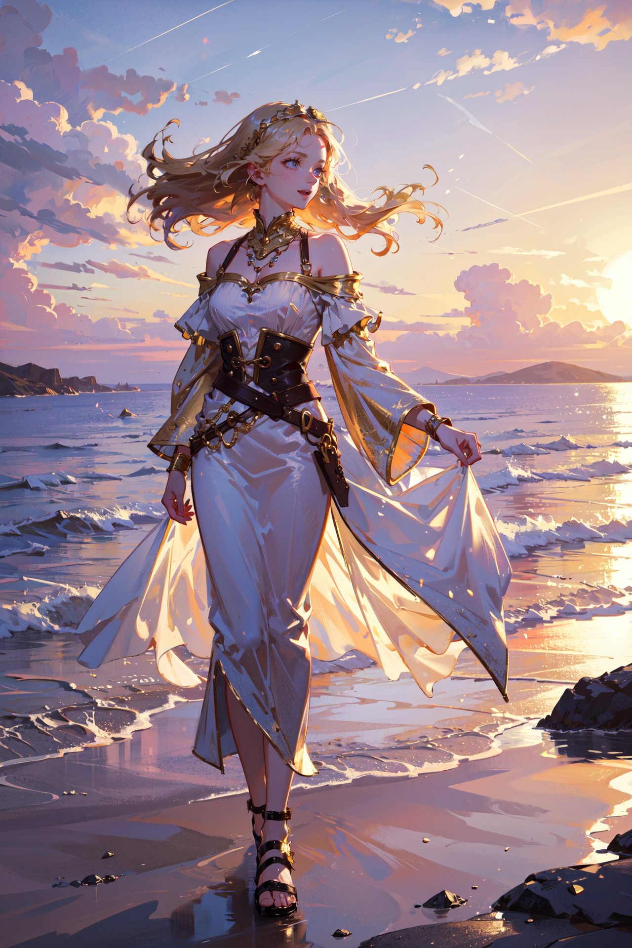 ((best quality, masterpiece, absurbres, super-resolution)) Dreamy Atmosphere, Full Body, Warm Tones, Gold, Rose Pink, Ivory, Bohemian Style, Coastal Cliff, Golden Hour Lighting, Relaxed Poses