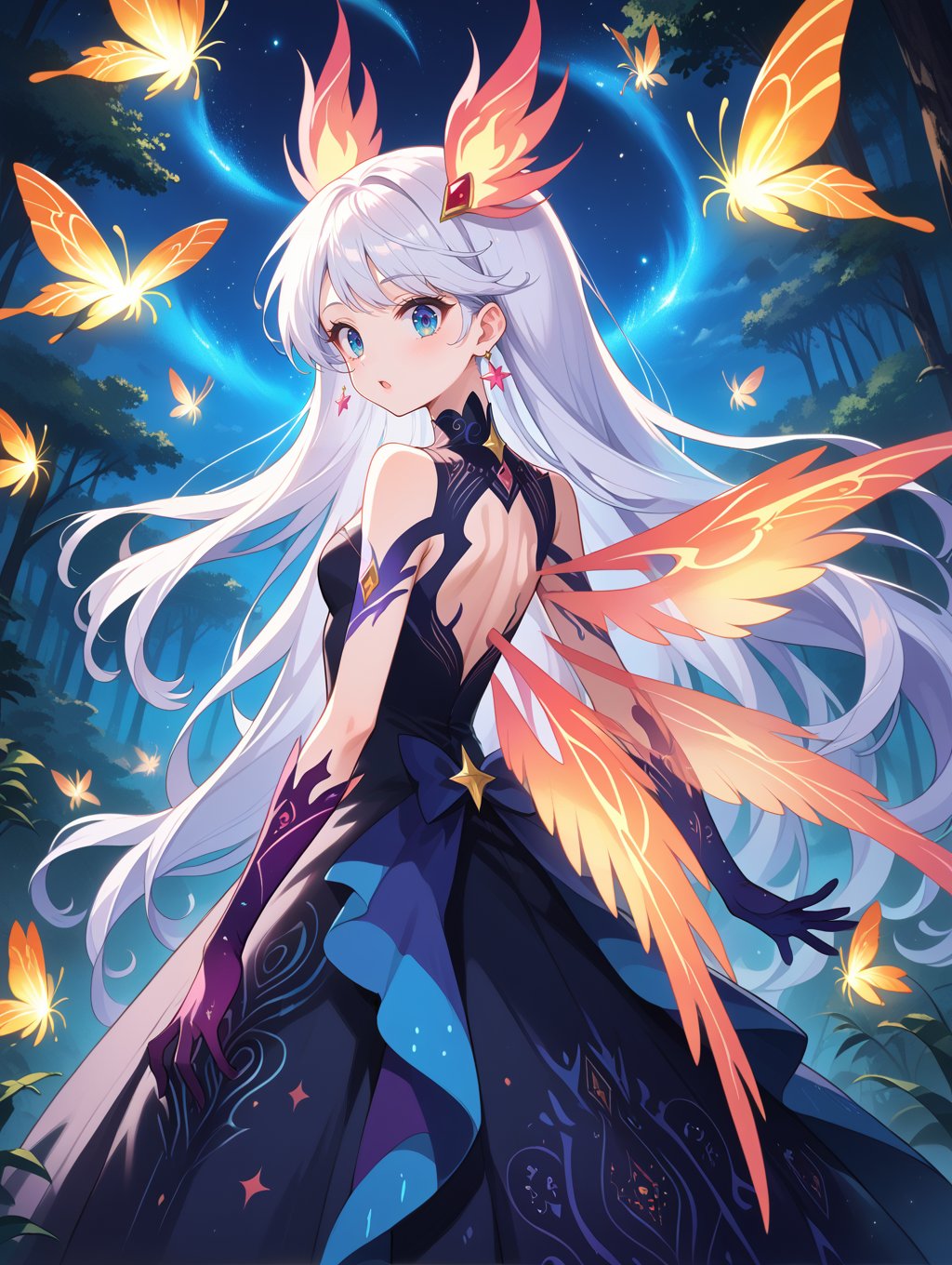 score_9, score_8_up, score_7_up,source_anime,magical girl, looking back over shoulder, surprised expression, long flowing white hair, dark dress with detailed patterns, ethereal light, night forest, starry sky with colorful nebulae, glowing fireflies, soft moonlight, flawless anatomy, exceptionally detailed hands, stunning and enchanting lighting, bright and fantastical colors