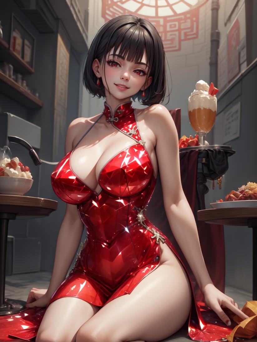 8k, masterpiece, highly detailed, high quality,1girl wearing a red (crystalline dress), <lora:crystalline_dress-SD-2.0:1>red eyes, [qipao], china dress, cleavage cutout, large breasts, black hair, bob cut, restaurant, seductive smile, head tilt, reclining,