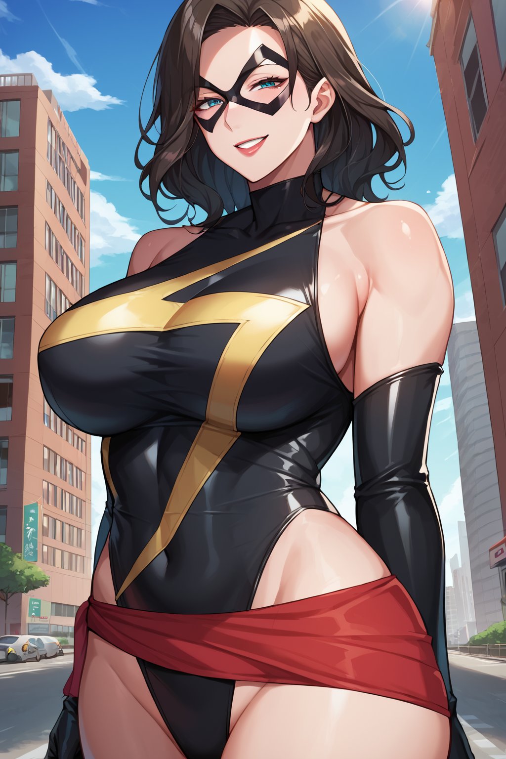 score_9, score_8_up, score_7_up, score_6_up, source_anime, beautiful face, expressive eyes, solo, blue sky, city, scenery, dramatic lighting, anime screencap, superhero, fly, smile, 1girl, mature female, older, milf, motherly, huge breasts, wide hips, MsMarvel, black leotard, red belt, eye mask, domino mask, bare shoulders, elbow gloves, black gloves<lora:EMS-404936-EMS:0.900000>