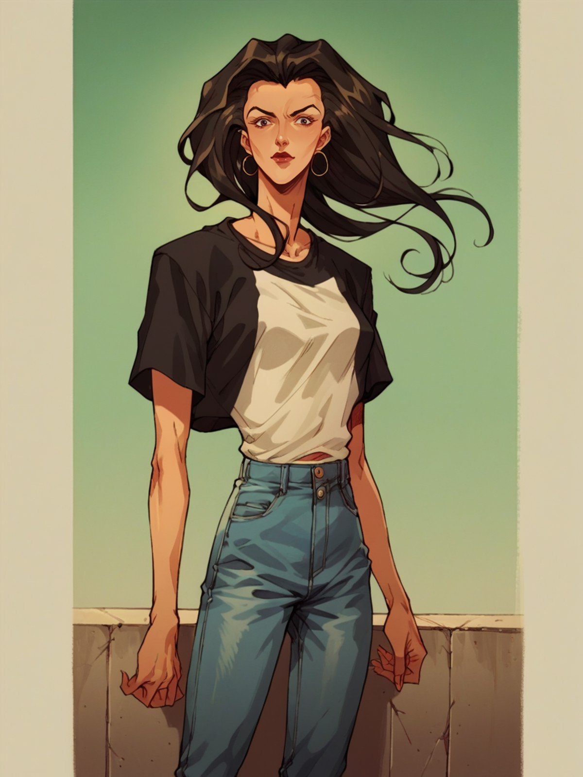 score_9, score_8_up, score_7_up, score_6_up, score_5_up,  <lora:aeoxFluxXLP:0.8> aeox flux, retro artstyle, 1girl, jeans, t-shirt, long hair, solo