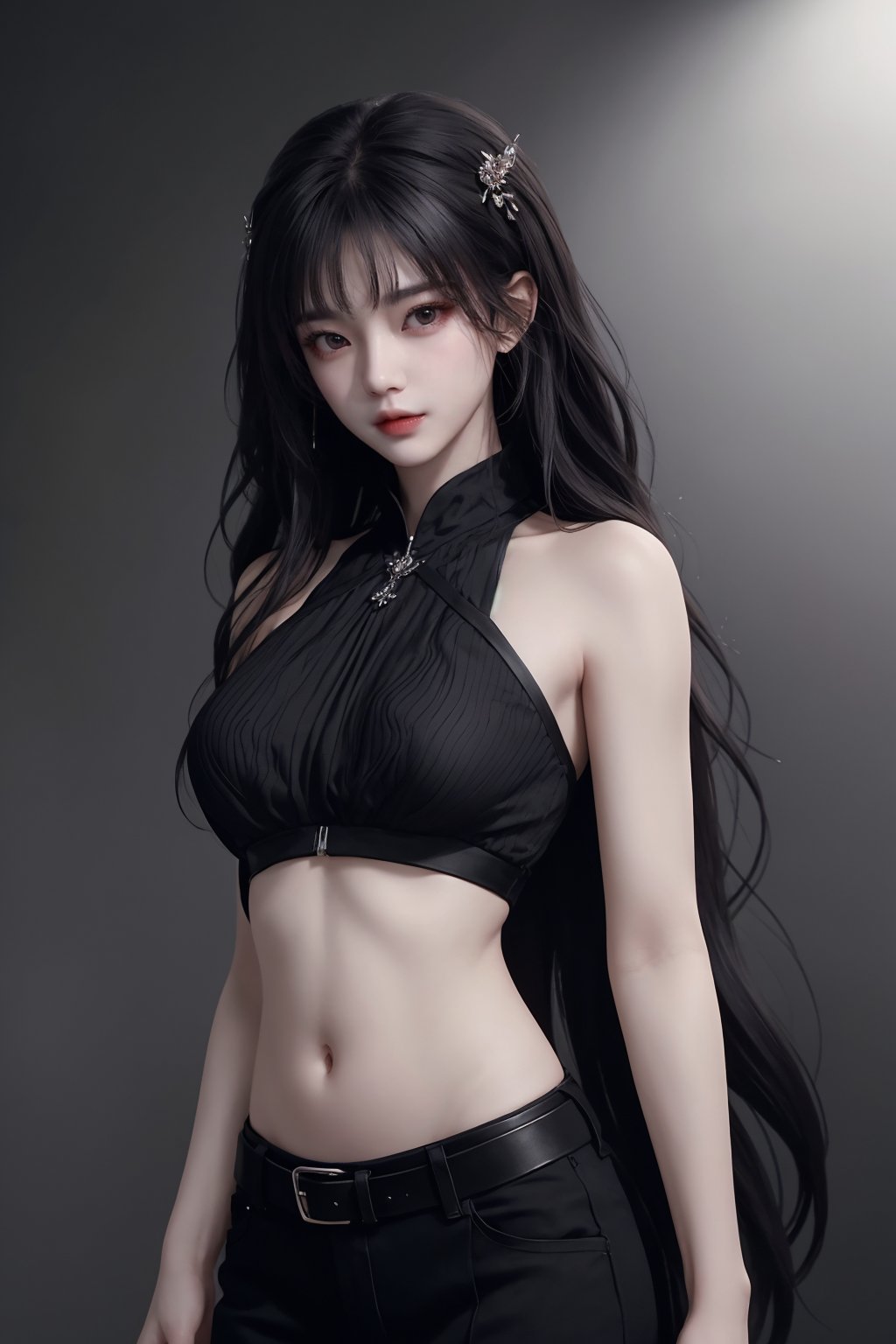 masterpiece, best quality, masterpiece,best quality,official art,extremely detailed CG unity 8k wallpaper,woman,photorealistic, masterpiece, realistic,araffed woman in black top and black pants posing for a picture, jiyun chae, wavy long - length black hair, shoulder-length black hair, lu ji, +81 magazine, wavy shoulder-length hair, kim hyun joo, physical : tinyest midriff ever, tinyest midriff ever, Wang Yuanqi, black wavy hair with bangs, long thin black hair, huge belt, female actress from korea, Du Qiong, Huang Ji, Qian Du, portrait of female korean idol, wavy long black hair, black long hair, shoulder length black hair, id magazine, Hu Zaobin, dilraba dilmurat, wavy black hair, black wavy hair, no logo, beautiful midriff, jia, Chen Jiru, gold belt, Luo Mu <lora:模特:0.8>