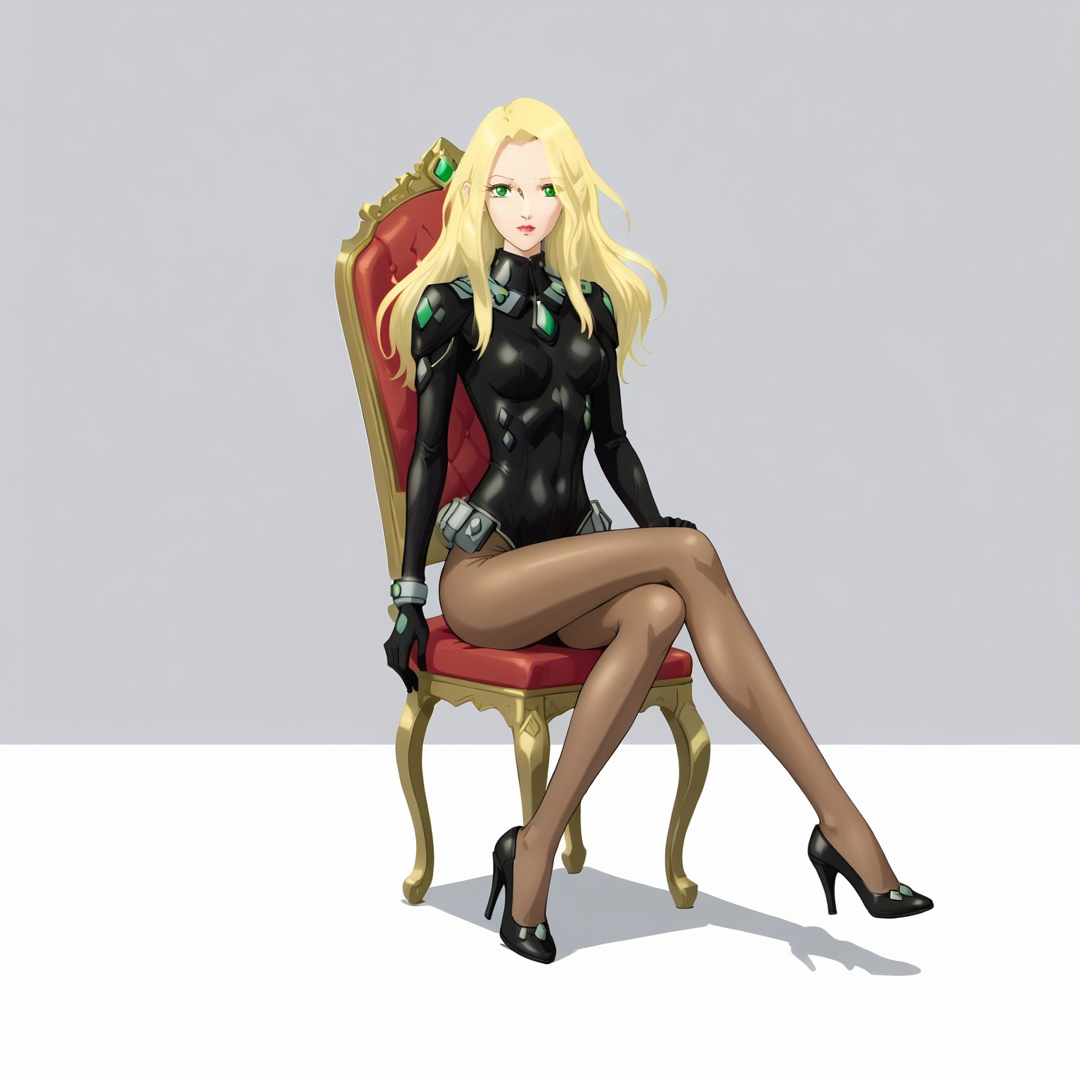 <lora:FatimaPasitheaXLpony002>,solo,FatimaPasithea,1girl,blonde hair,long hair,green eyes,black body suit,brown pantyhose,high_heels,full body,sitting,chair,