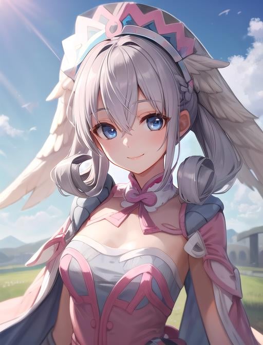 best quality, masterpiece, highres, detailed, digital artwork, <lora:Detail - add_detail:0.2>, MeliaXenoblade, blue eyes, head wings, hair between eyes, grey hair, <lora:Character - MeliaXenoblade:0.9>, pink dress,  upper body, headdress,camp, happy, smile, 