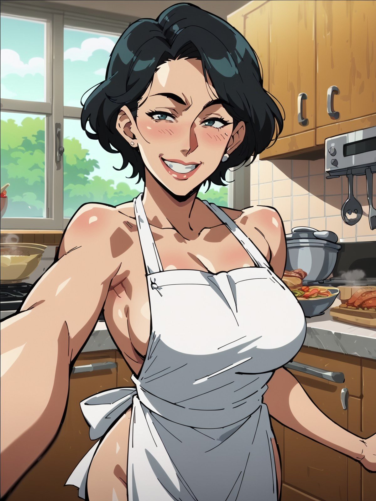 score_8_up, score_7_up, pov selfie, portrait of beautiful milf in white apron, smile, bare shoulders, short black hair, kitchen, window, steam, anime screencap