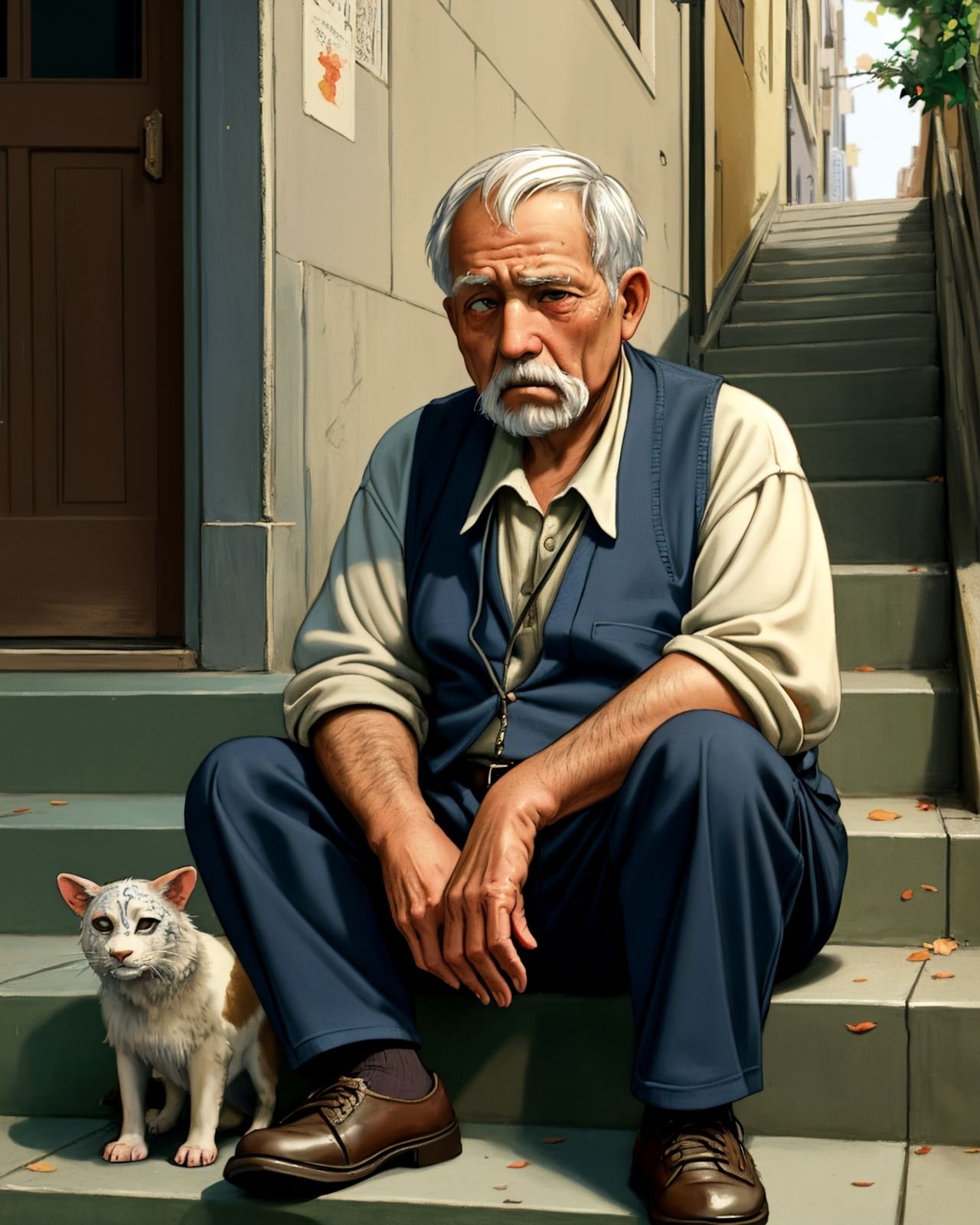 painting, art, solo, 1boy, very old man on the street, older, sitting on a stair step, feeding a cat, blind, white eyes, tired, poor, sad, dramatic, best quality, high detailed, masterpiece, 8k, elaborate,