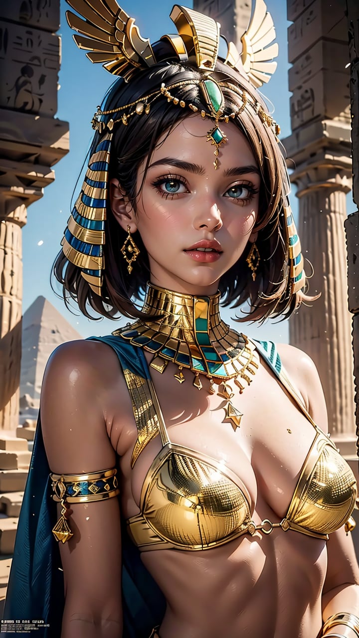 (best quality, masterpiece, colorful, dynamic angle, highest detailed) upper body shot, fashion photography of a egyptian goddess, gold ornaments, gold reflection, flirting with POV, ultra detailed textures, Egypt, pyramids, light passing through hair, (official art)