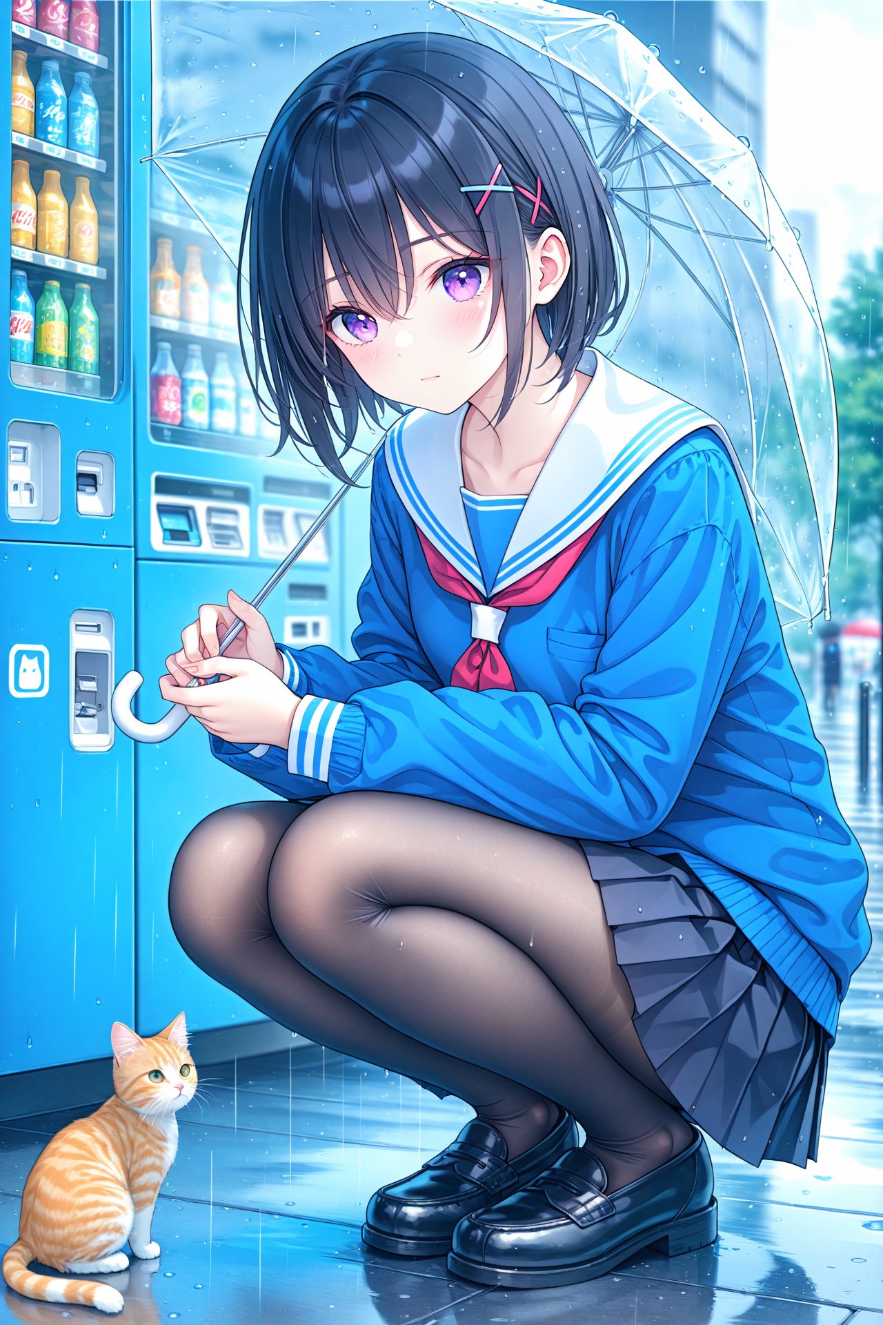 (masterpiece),(best quality),illustration,ultra detailed,hdr,Depth of field,(colorful),1girl,transparent,school uniform,rain,umbrella,cat,hair ornament,pantyhose,squatting,skirt,transparent umbrella,serafuku,holding,short hair,solo,purple eyes,black footwear,white sailor collar,outdoors,loafers,shoes,hairclip,sailor collar,x hair ornament,long sleeves,neckerchief,black hair,pleated skirt,bangs,holding umbrella,blue shirt,animal,shirt,blue serafuku,closed mouth,hair between eyes,black pantyhose,vending machine,blue skirt,black skirt,