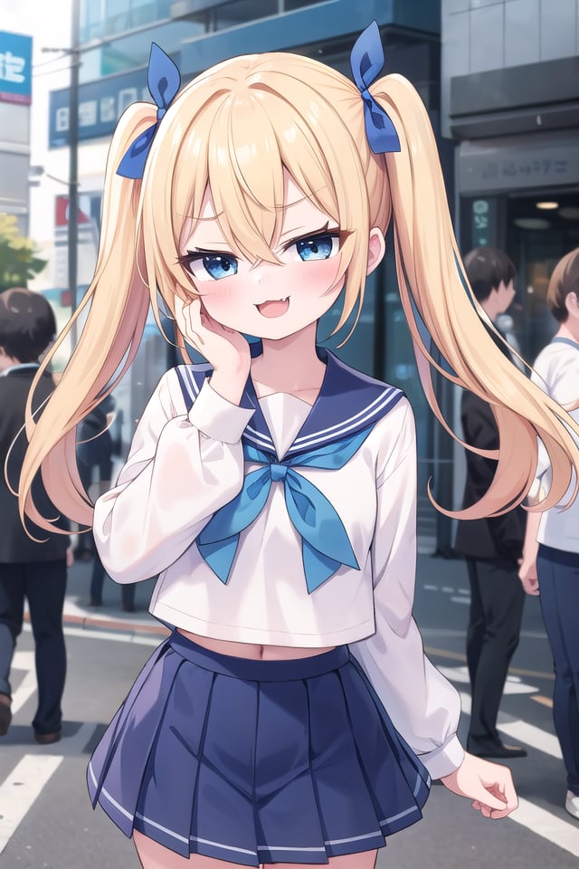 <lora:sensualface_type2_v3:1>insanely detailed, absurdres, ultra-highres, ultra-detailed, best quality,1girl, solo, nice hands, perfect hands,BREAK(wearing sailor school uniform, dark blue pleated skirt, white shirt),(evil smile, ;3, smug, open mouth:1.3), fangsBREAKstanding, hand on own face, 45 angle,from below, cowboy shot, looking at viewer, tilt headBREAKslender, kawaii, perfect symmetrical face, ultra cute girl, ultra cute face, ultra detailed eyes, ultra detailed hair, ultra cute, ultra beautifulBREAKin harajuku, shibuya, tokyo, street, crowd, cityscape,small breastsBREAK(gold blonde) hair, (short:1.3) twintails, blue eyes, blue hair ribbon, hair between eyes